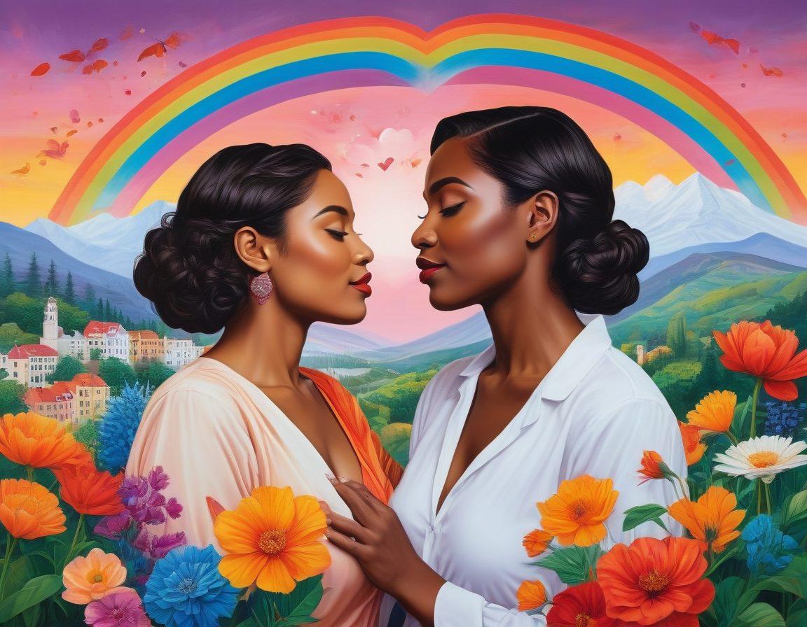 A dynamic collage featuring empowered women of diverse backgrounds embracing each other in a rainbow-hued environment, symbolizing unity and love. Include subtle motifs of flowers and hearts to represent queer love and connection, with vibrant colors radiating warmth and acceptance. The backdrop should be an abstract representation of a city skyline, merging nature and urban life. Artistic style should reflect a blend of surrealism and contemporary painting.
