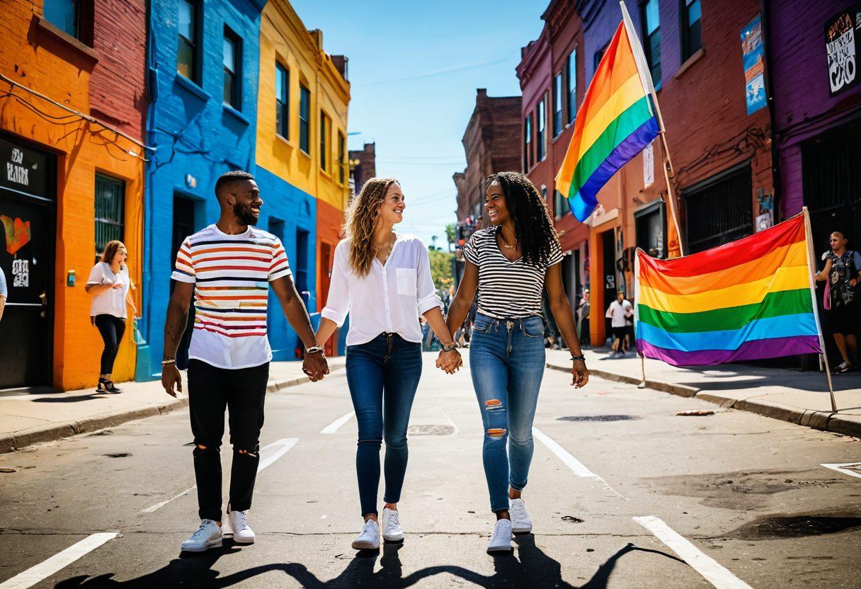 A vibrant city scene showcasing diverse couples in love, holding hands and laughing, surrounded by colorful street art that reflects unity and acceptance. Include iconic landmarks symbolizing LGBTQ+ pride, with rainbow flags waving gently in the background. The atmosphere should be joyful and celebratory, portraying inclusivity in modern society. bright colors. urban setting. super-realistic.