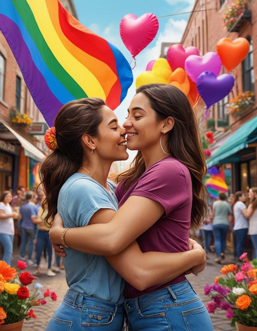 A vibrant scene depicting two empowered women embracing in a colorful urban setting, surrounded by symbols of love and support within the LGBTQ community, such as rainbow flags and flowers. Their expressions convey deep connection and happiness. The background showcases a diverse, inclusive crowd celebrating love, with warm, inviting tones to evoke a sense of unity and empowerment. playful illustrations of hearts and empowering quotes are scattered throughout. super-realistic. vibrant colors. urban setting.